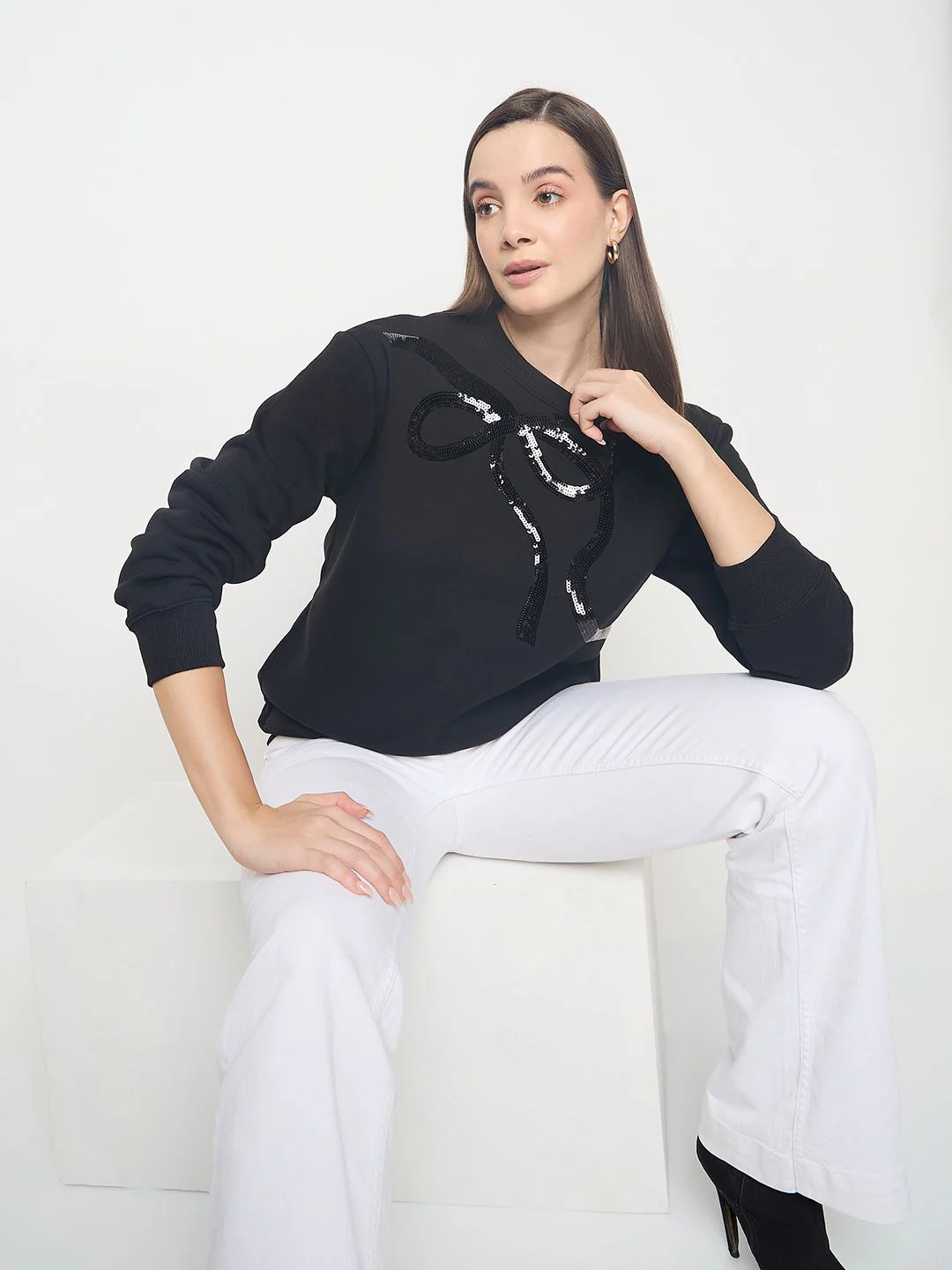 Madame Embellished Cotton Blend Black Sweatshirt
