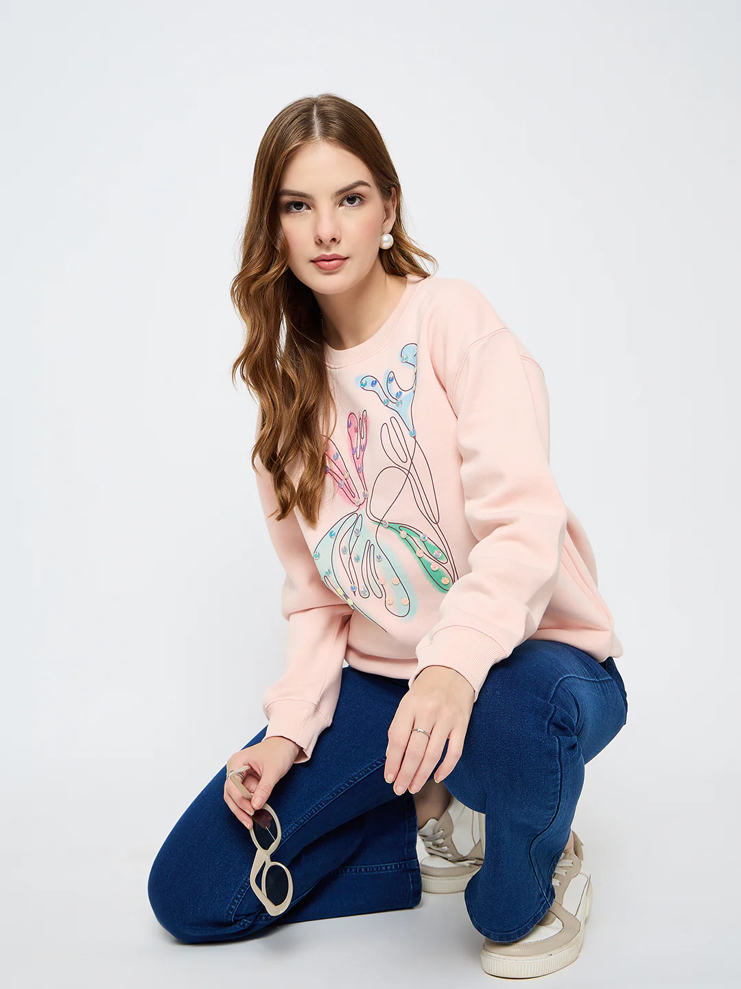 Madame Embellished Print Cotton Blend Peach Sweatshirt