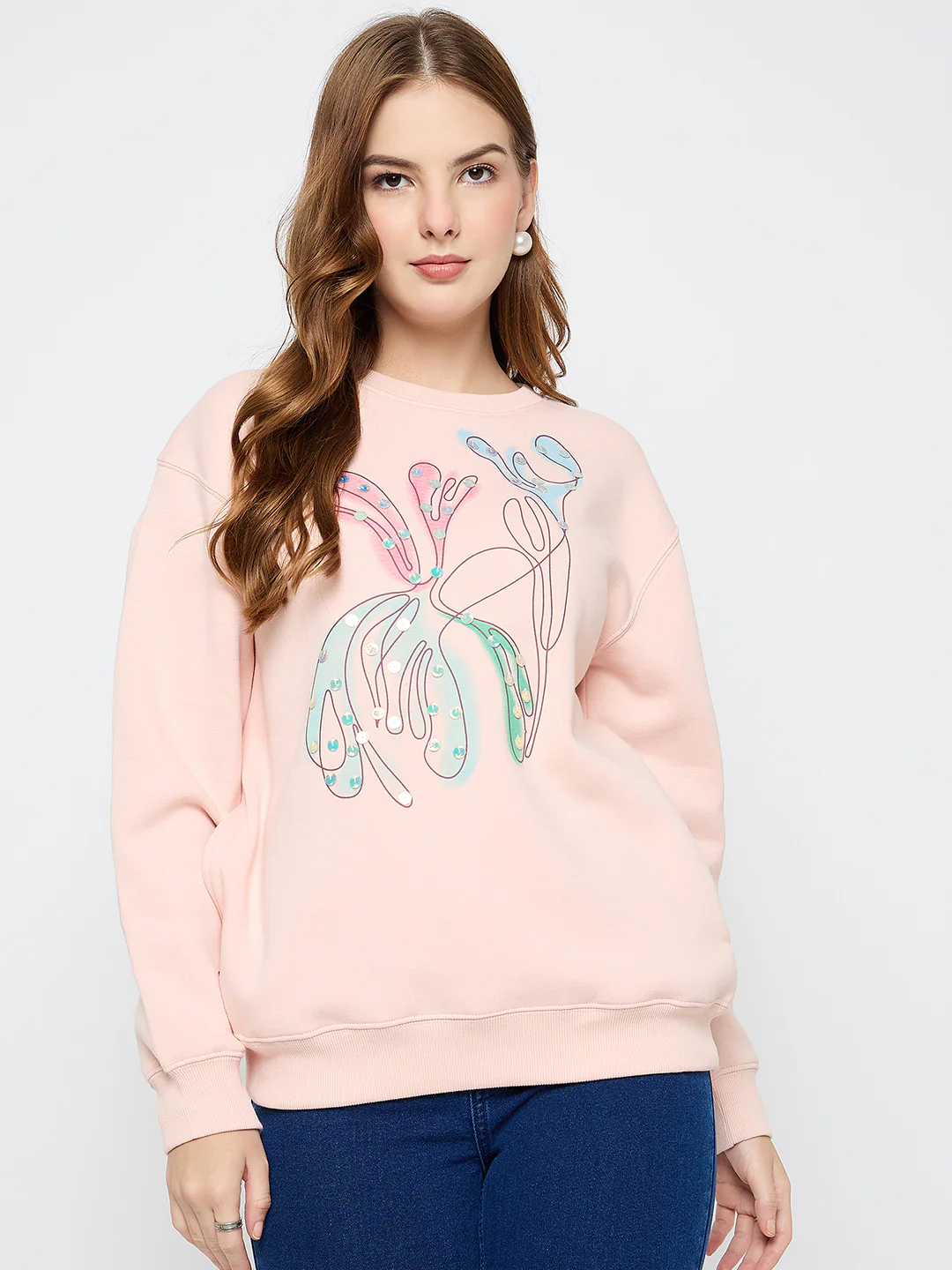 Madame Embellished Print Cotton Blend Peach Sweatshirt - Image 3