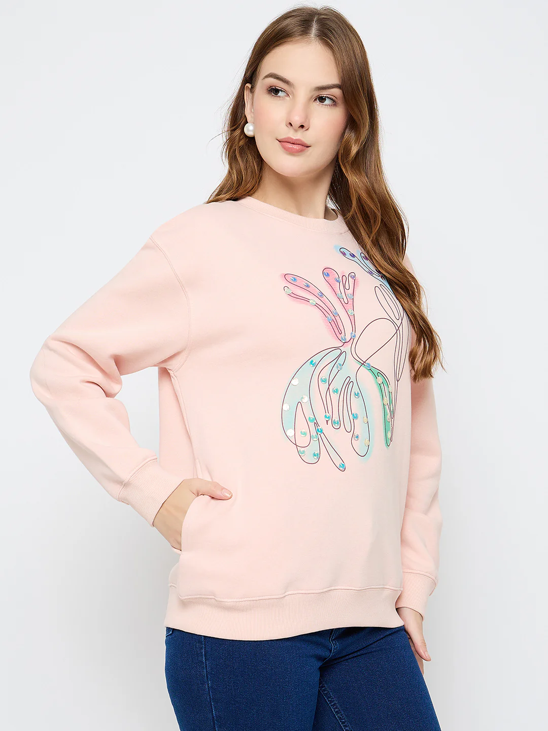Madame Embellished Print Cotton Blend Peach Sweatshirt - Image 4