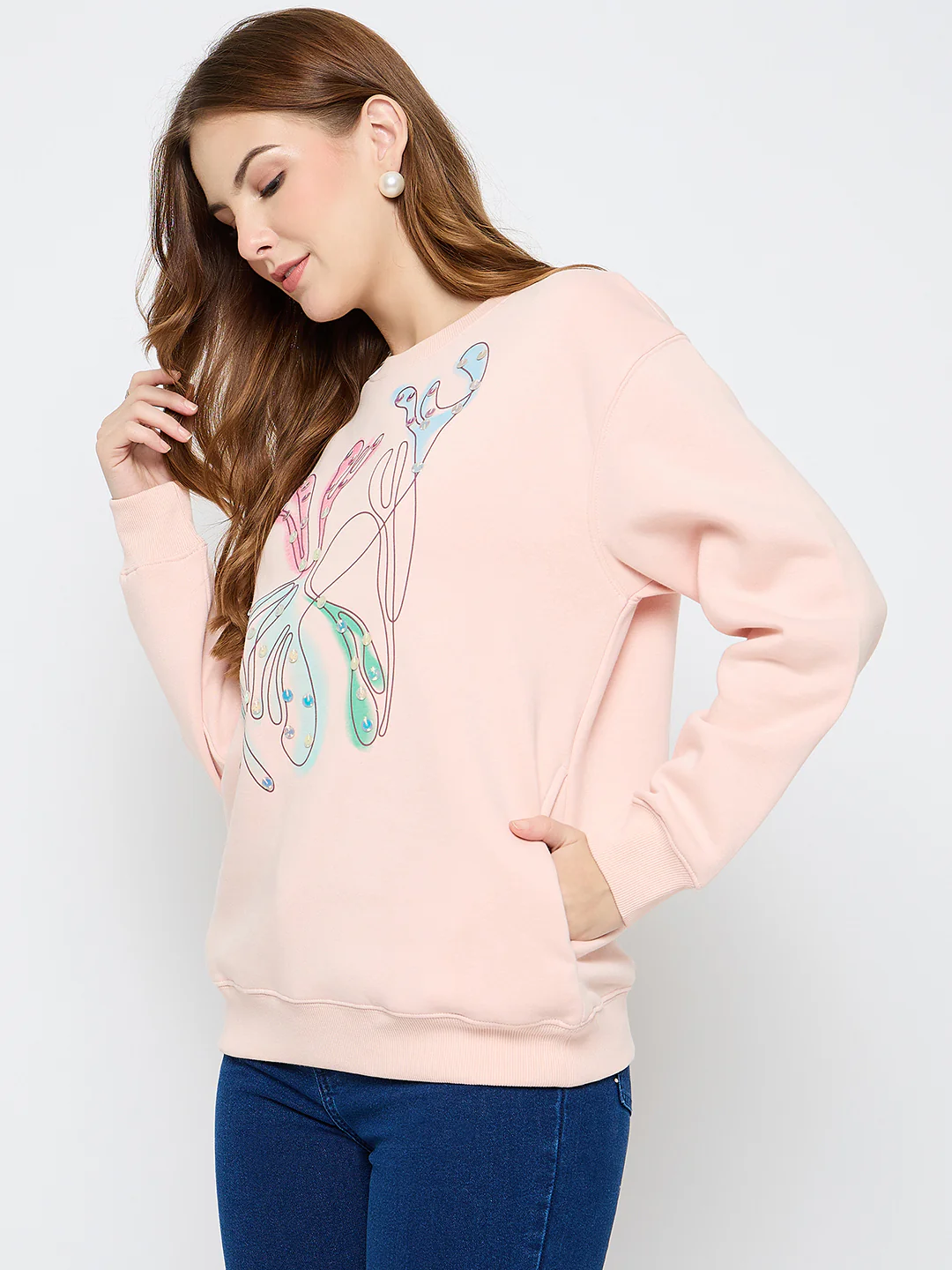 Madame Embellished Print Cotton Blend Peach Sweatshirt - Image 5