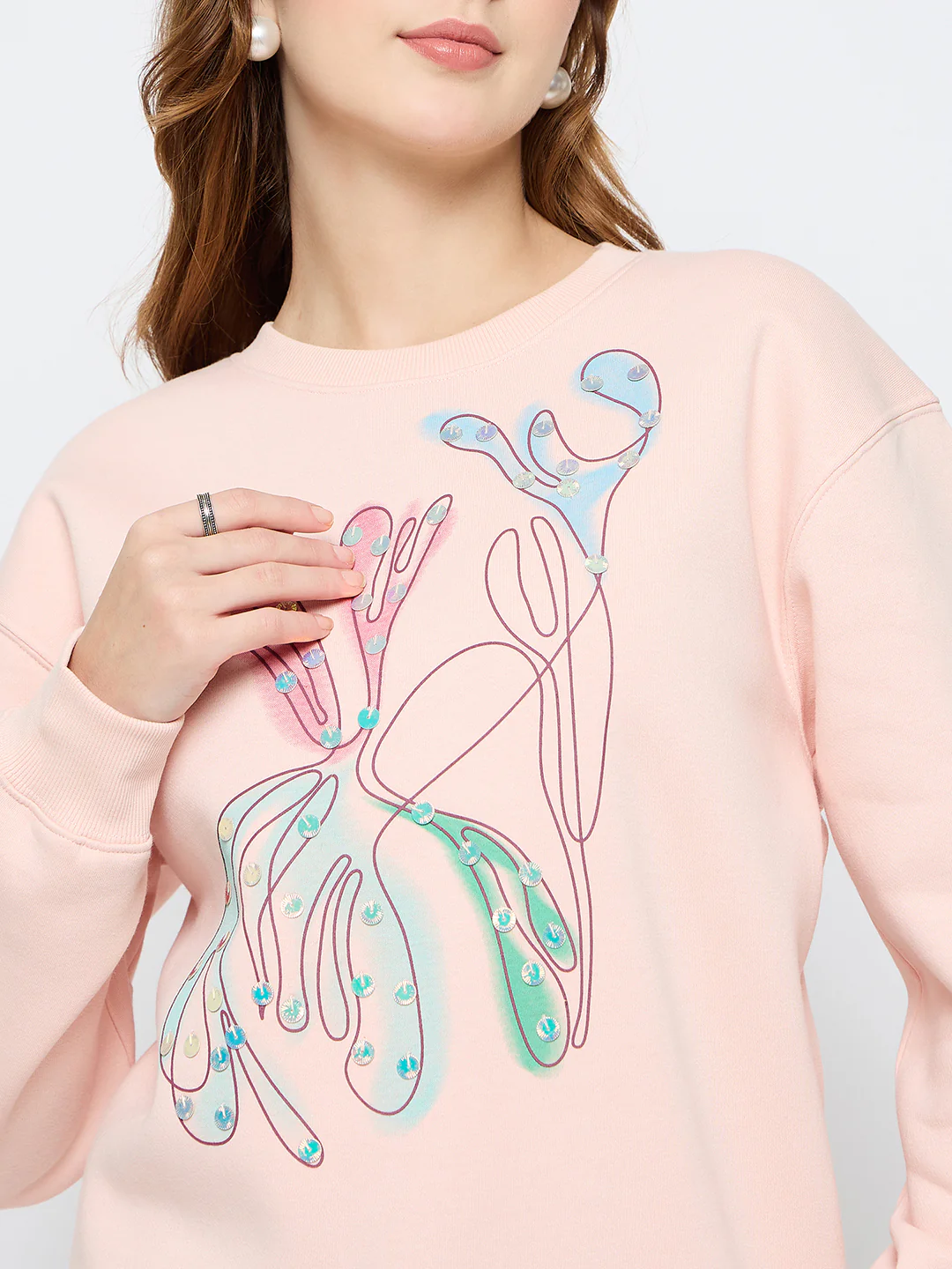 Madame Embellished Print Cotton Blend Peach Sweatshirt - Image 7