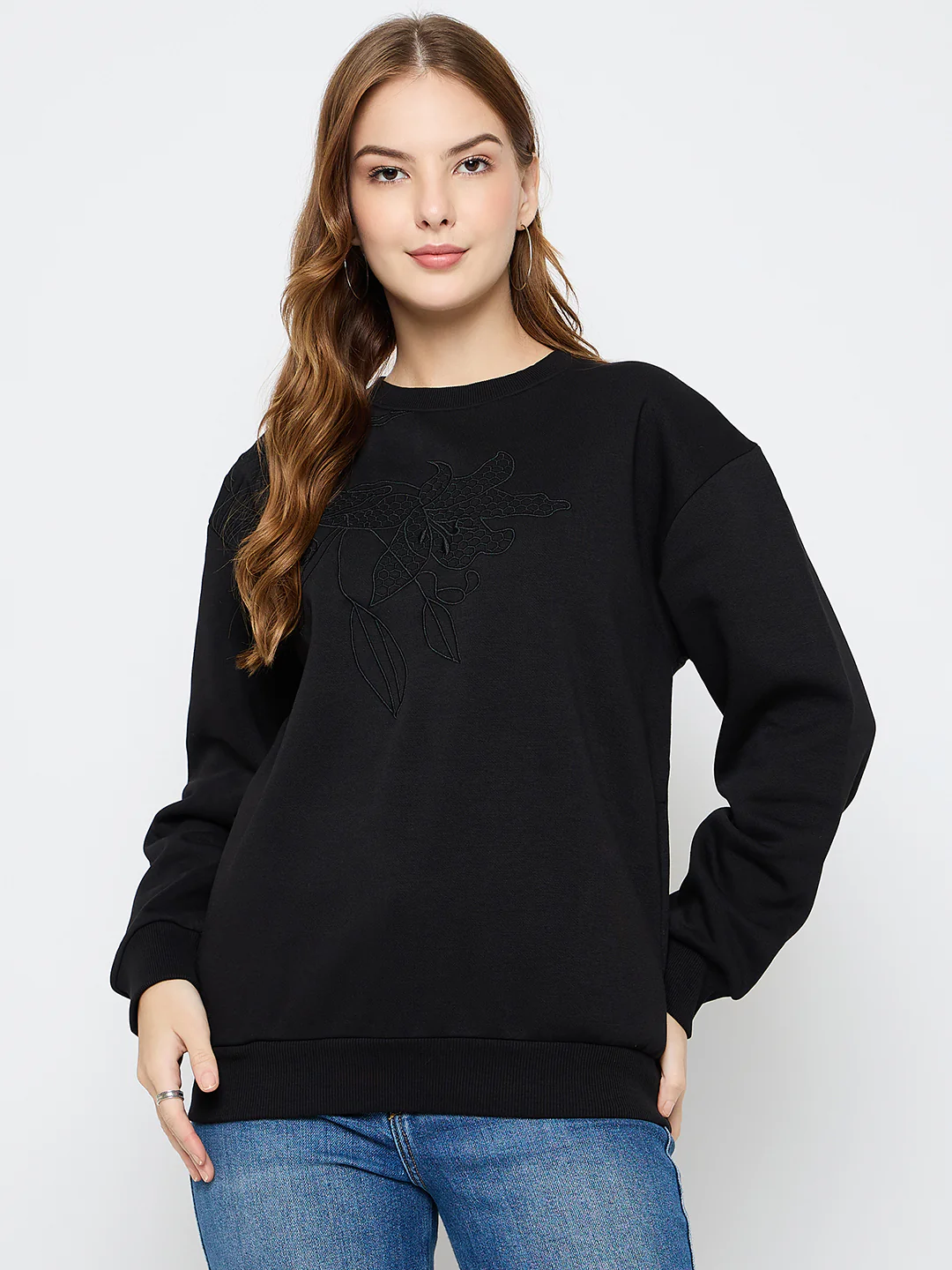 Madame Solid Black Cotton Blend Sweatshirt - Image 3