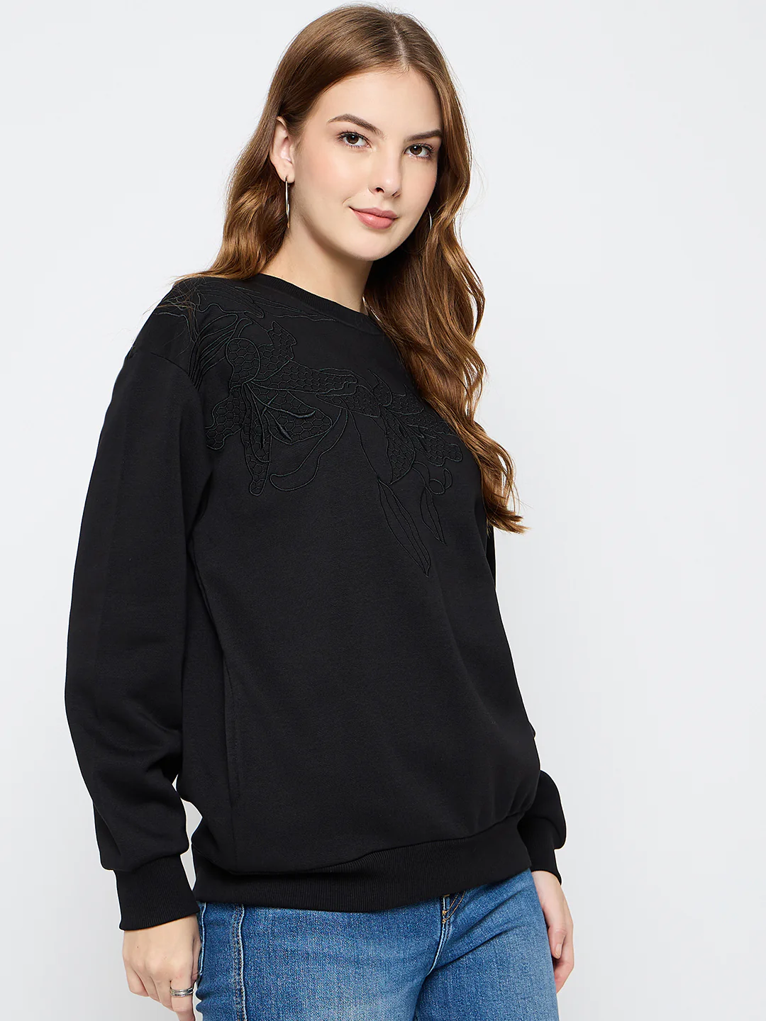 Madame Solid Black Cotton Blend Sweatshirt - Image 4