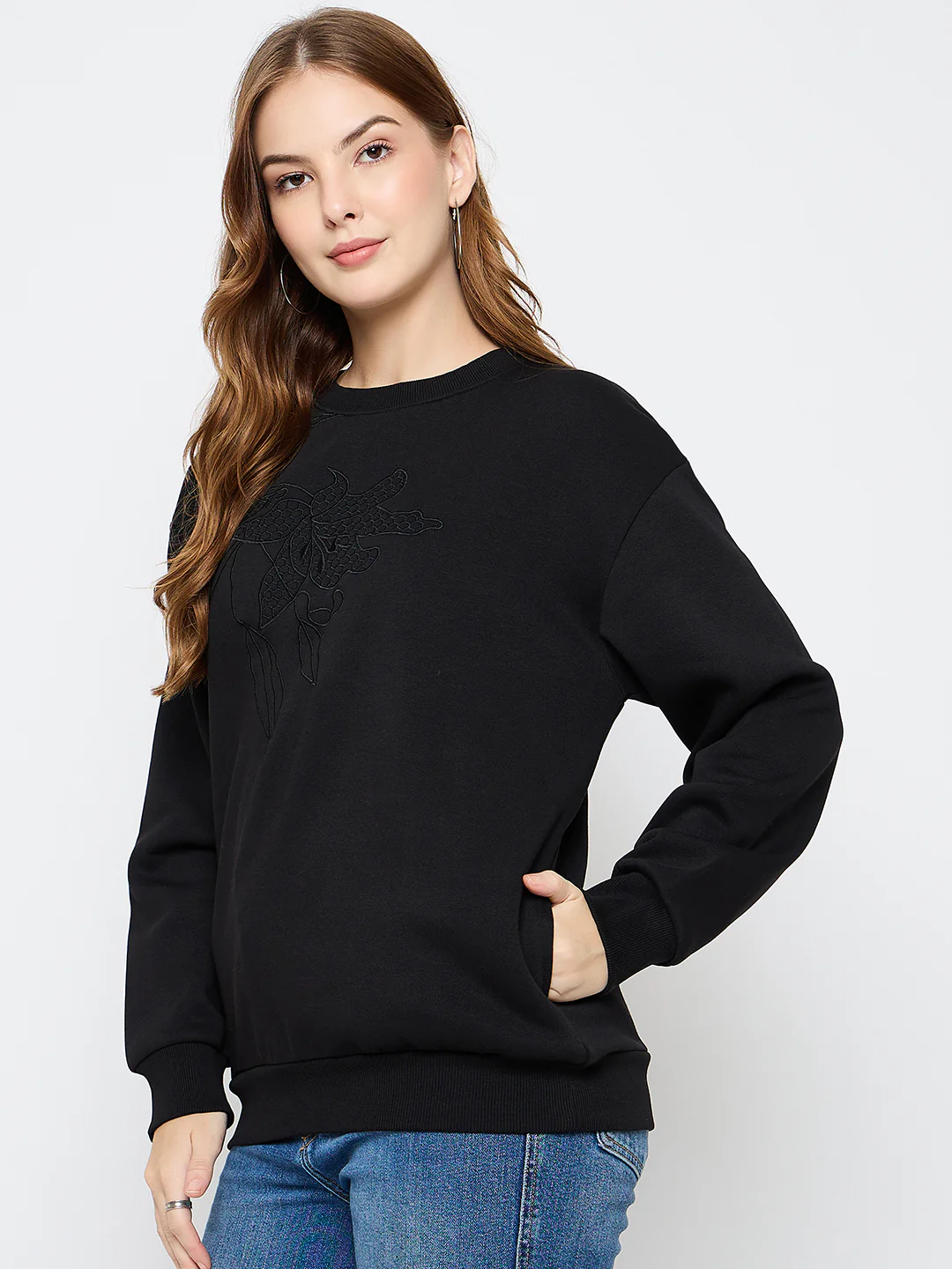 Madame Solid Black Cotton Blend Sweatshirt - Image 5