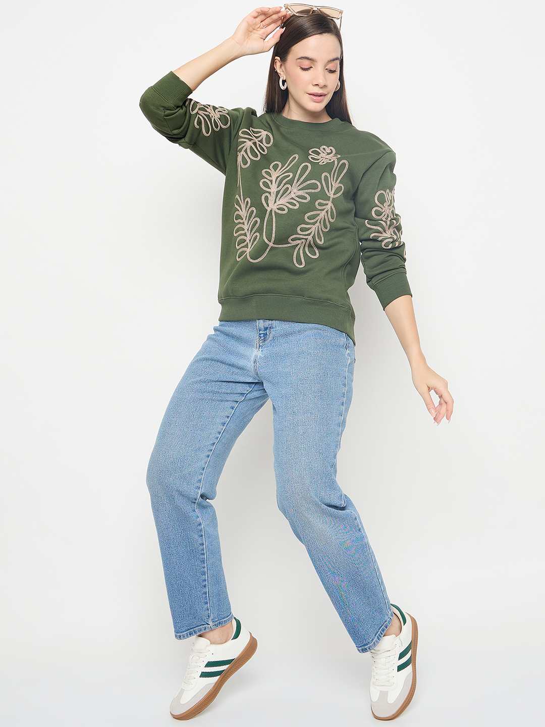 Madame Floral Embroidery Cotton Blend Green Sweatshirt - Image 2