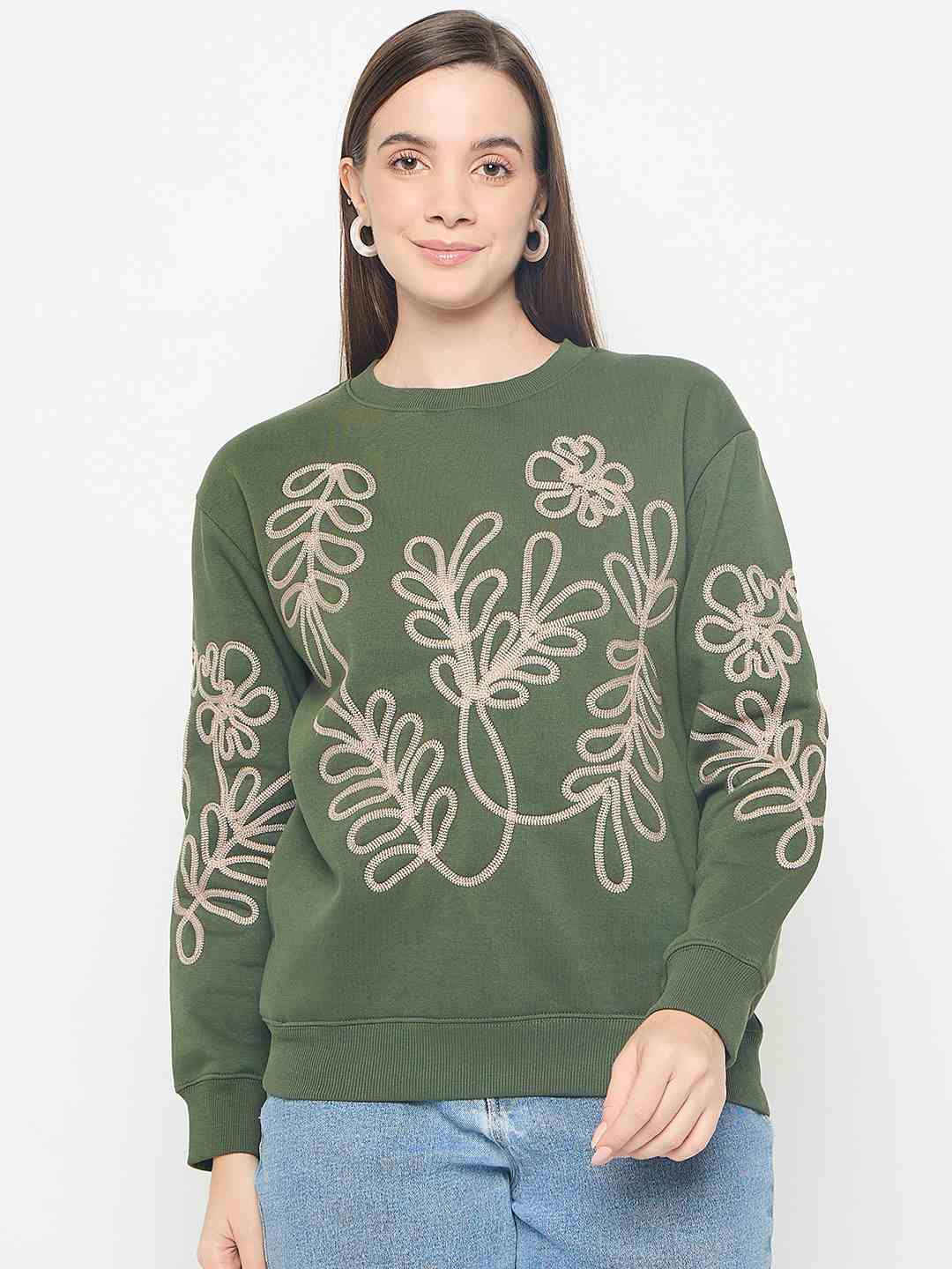 Madame Floral Embroidery Cotton Blend Green Sweatshirt - Image 3