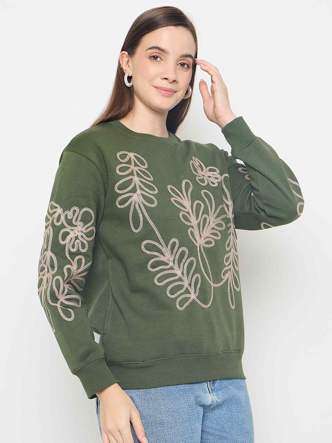 Madame Floral Embroidery Cotton Blend Green Sweatshirt - Image 4
