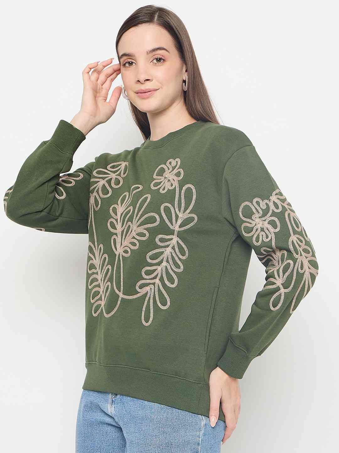 Madame Floral Embroidery Cotton Blend Green Sweatshirt - Image 5