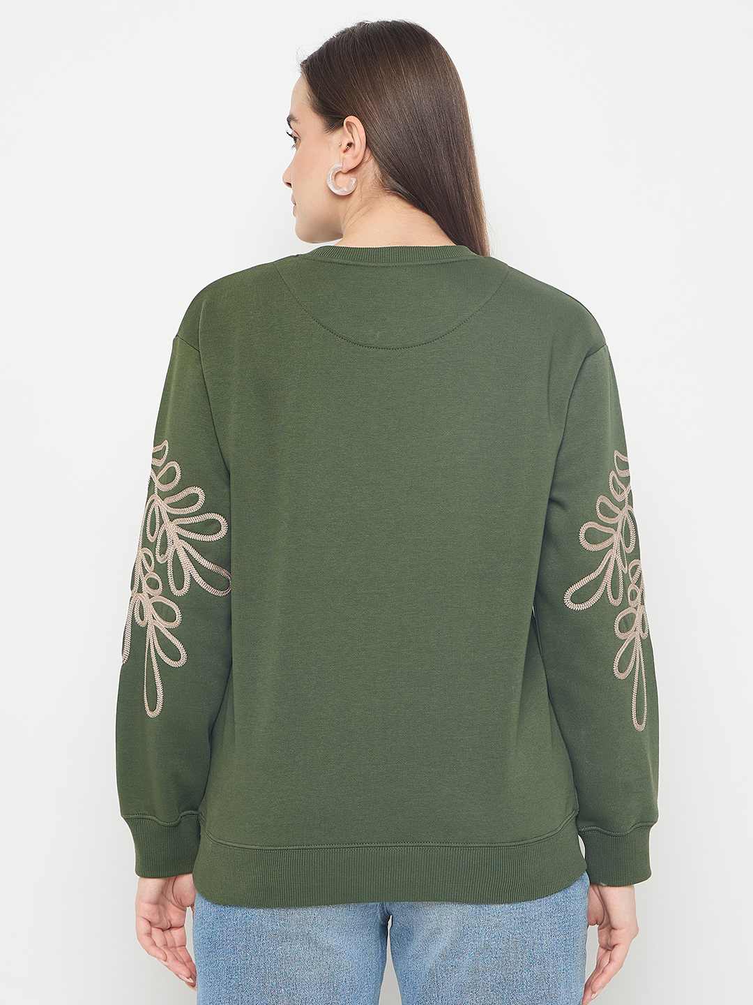 Madame Floral Embroidery Cotton Blend Green Sweatshirt - Image 6