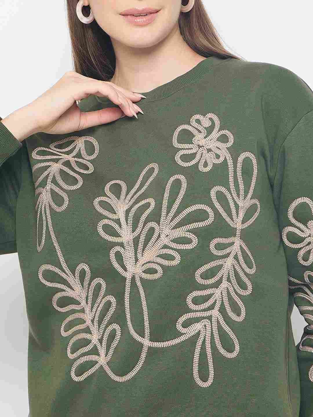 Madame Floral Embroidery Cotton Blend Green Sweatshirt - Image 7