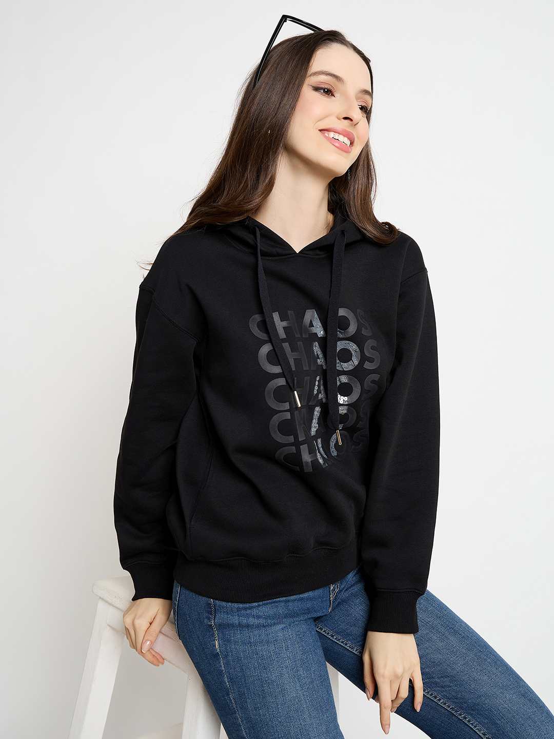 Madame Typograpy Print Hooded Cotton Blend Black Sweatshirt