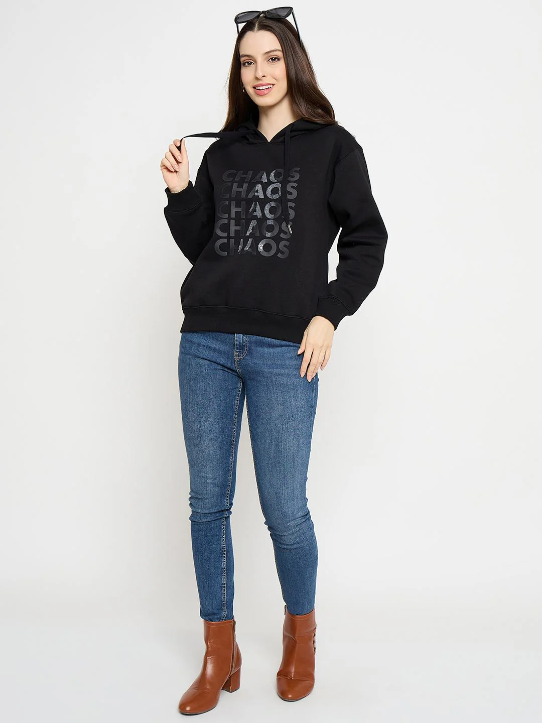 Madame Typograpy Print Hooded Cotton Blend Black Sweatshirt - Image 2