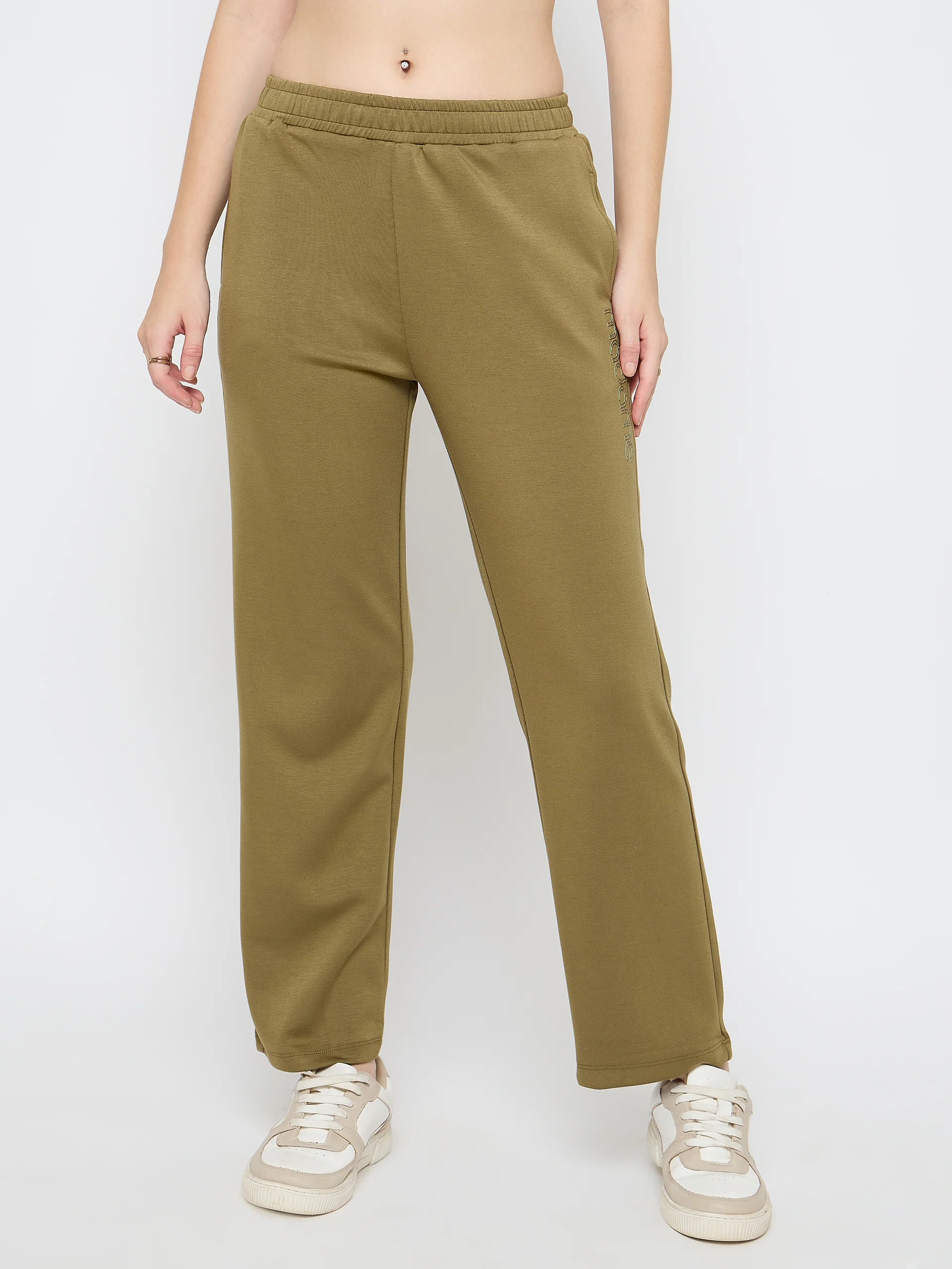 Madame Typography Print Olive Green Straight Track Bottoms