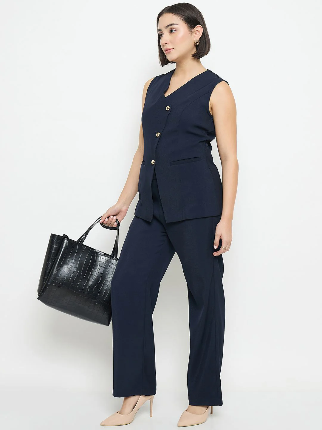 Madame Solid Straight Fit Navy Blue Trousers - Image 2