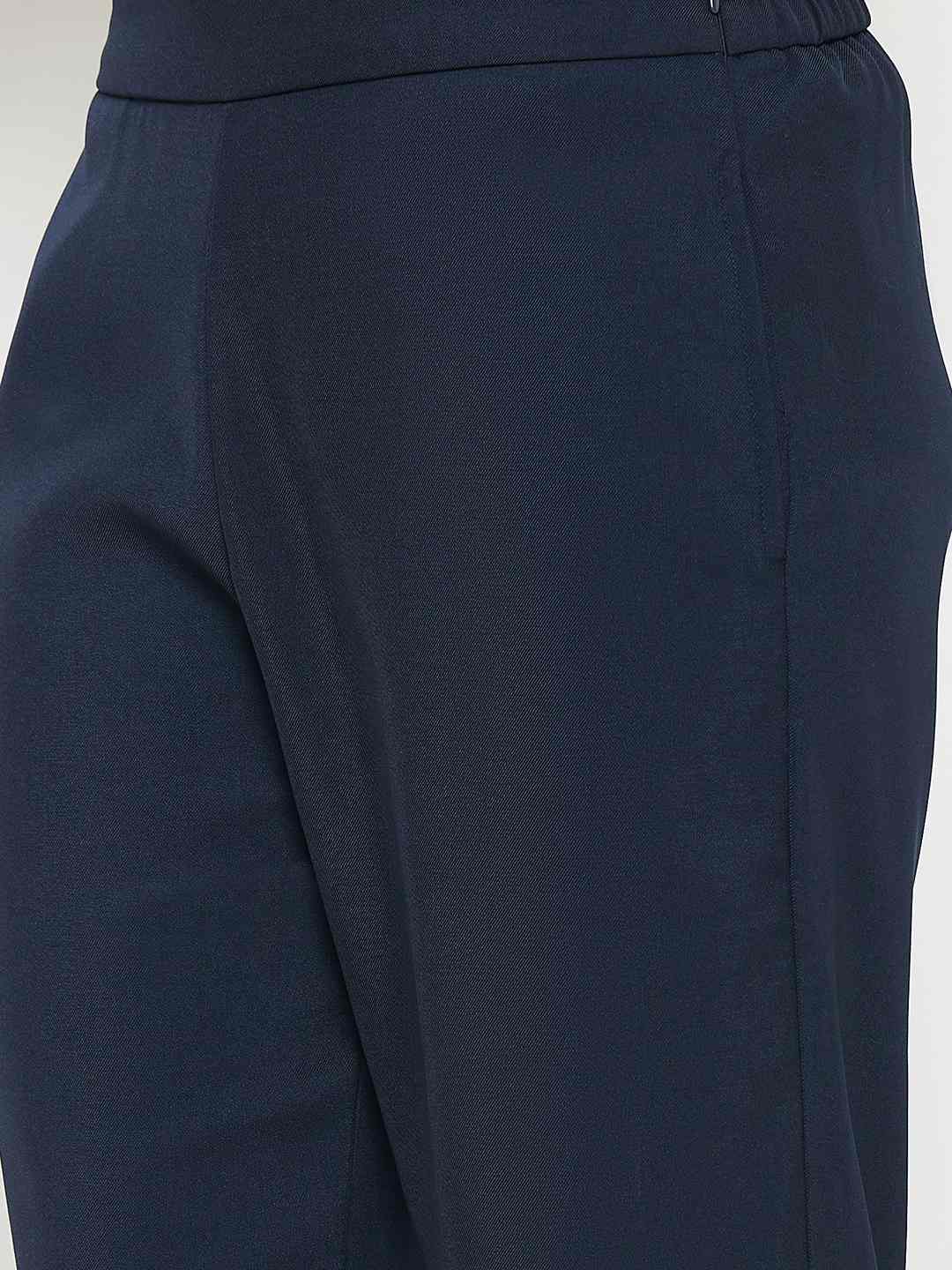 Madame Solid Straight Fit Navy Blue Trousers - Image 6