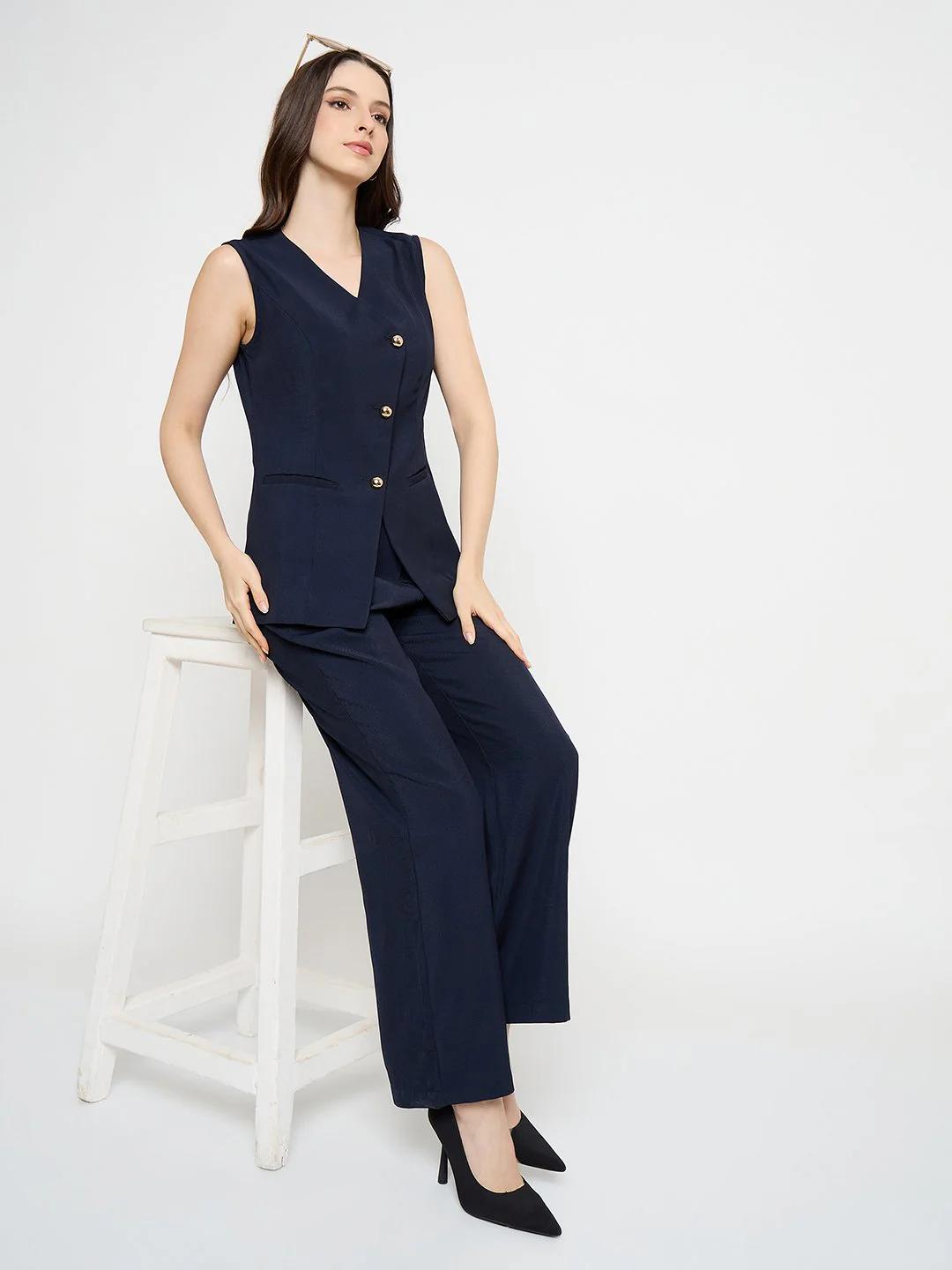 Madame Asymmetrical Neck Navy Blue Top - Image 2