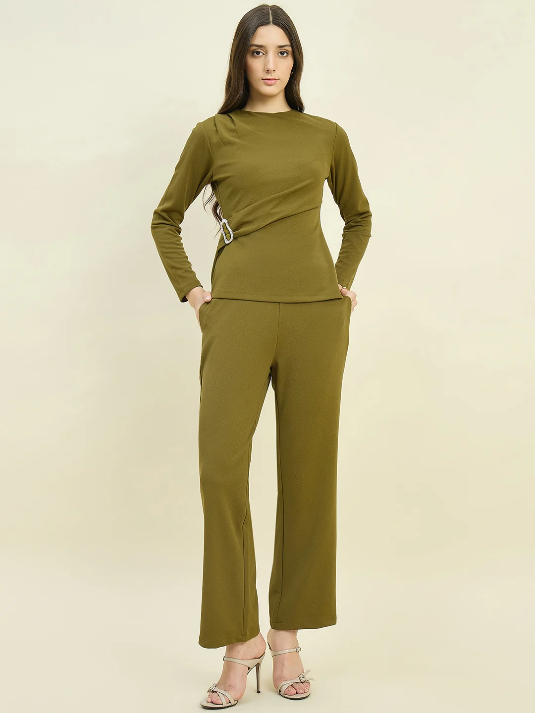 Madame Solid Olive Top with Buckle Accent - Image 2