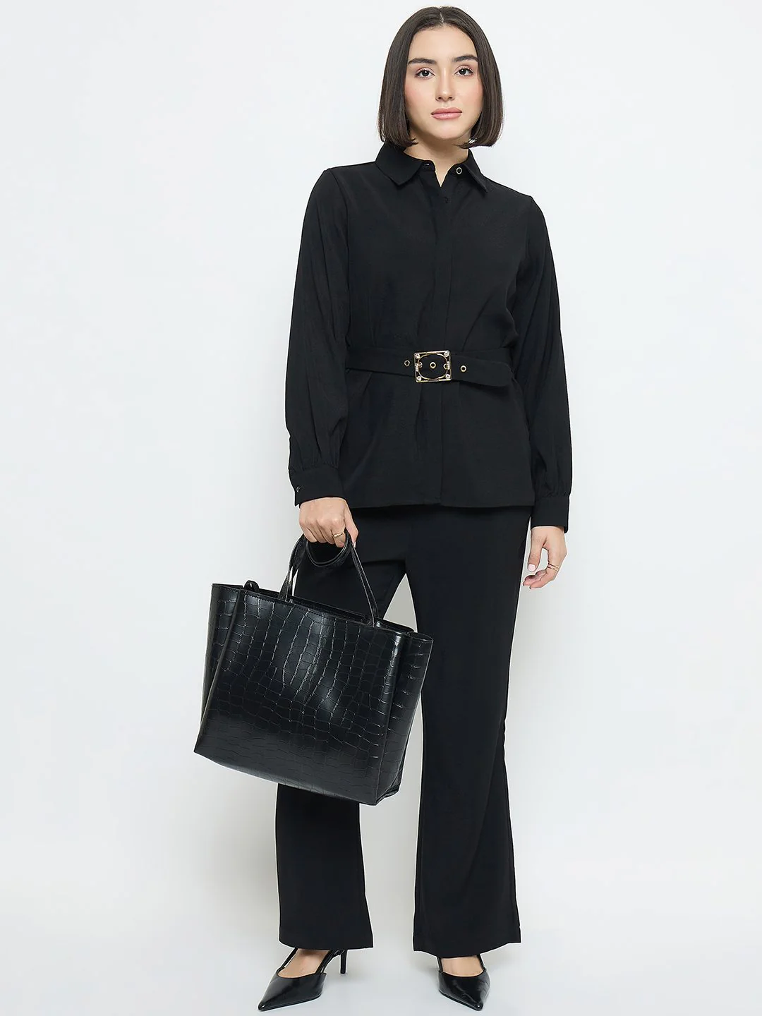 Madame Solid Straight Fit Black Trousers - Image 2