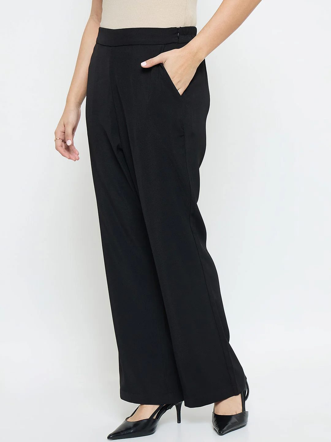 Madame Solid Straight Fit Black Trousers - Image 4