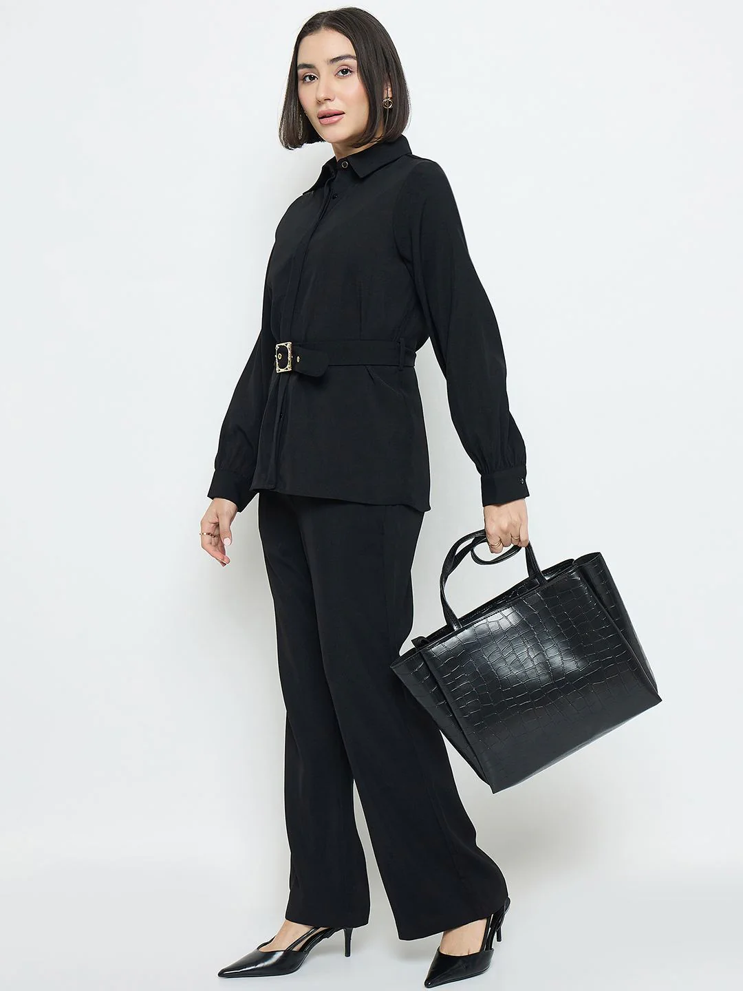 Madame Solid Belted Black Shirt - Image 3