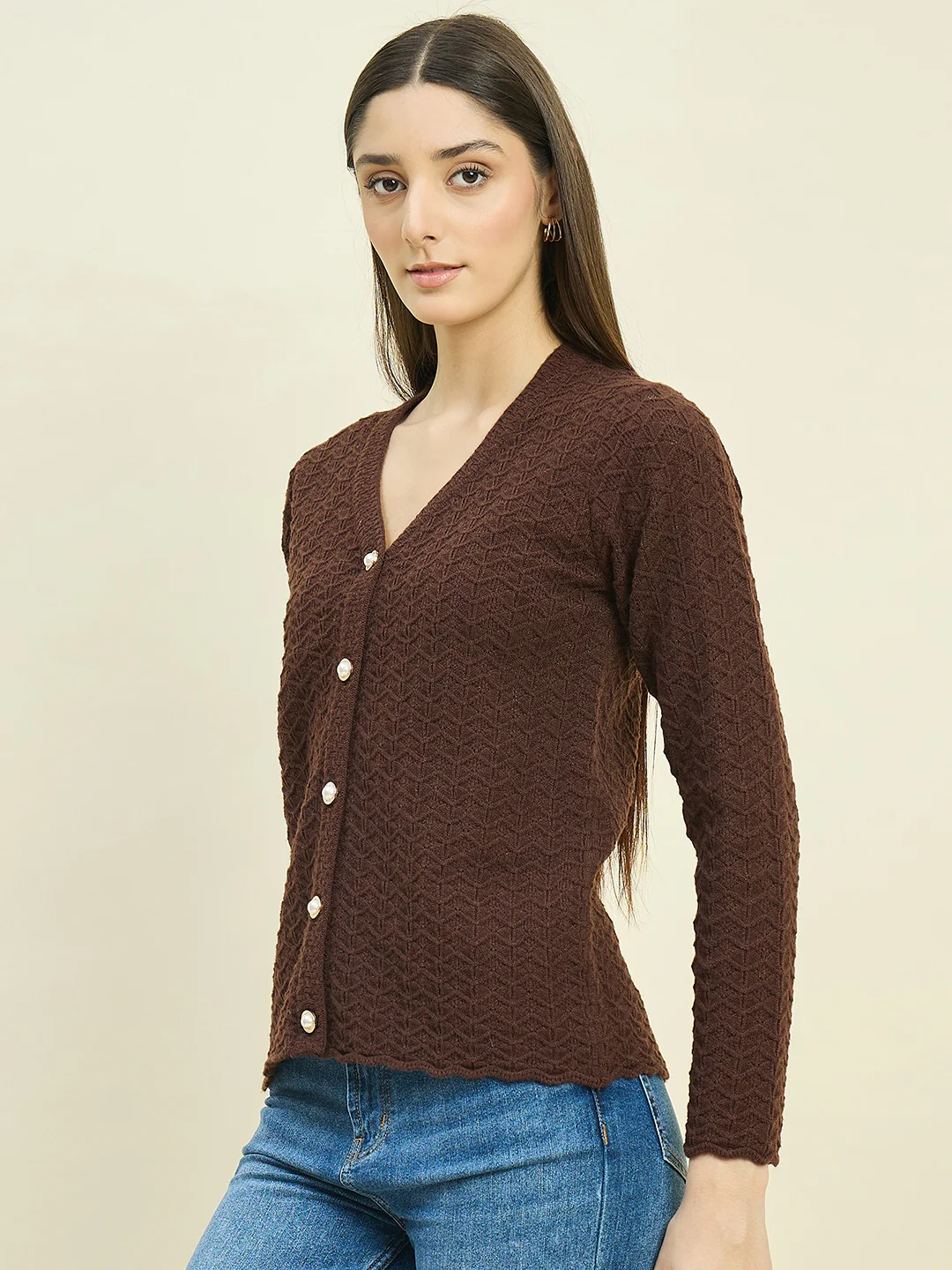 Madame Brown Rayon Blend V-Neck Cardigan - Image 5