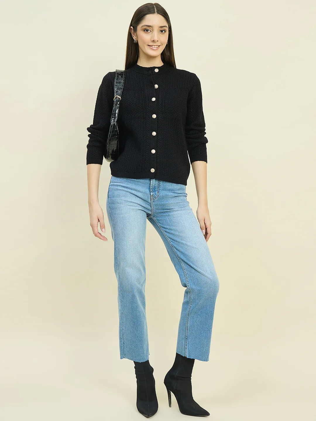 Madame Round Neck Black Knit Cardigan - Image 2