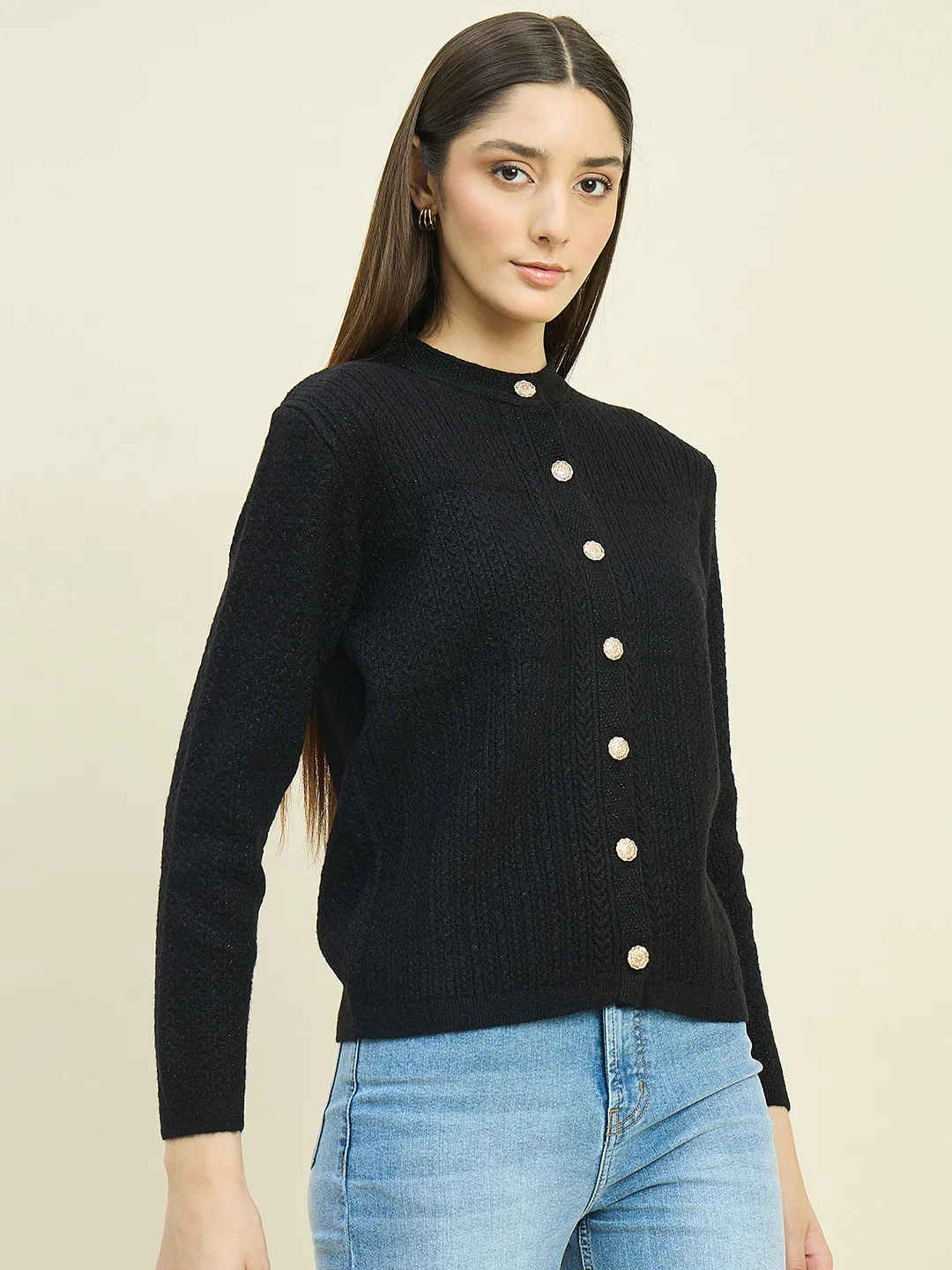 Madame Round Neck Black Knit Cardigan - Image 4