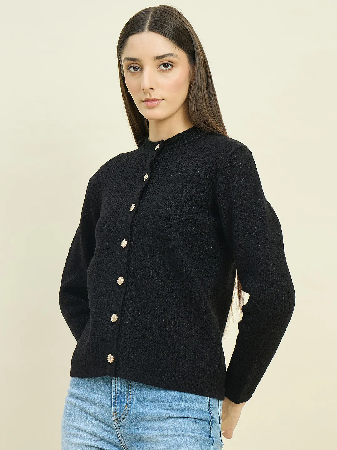 Madame Round Neck Black Knit Cardigan - Image 5