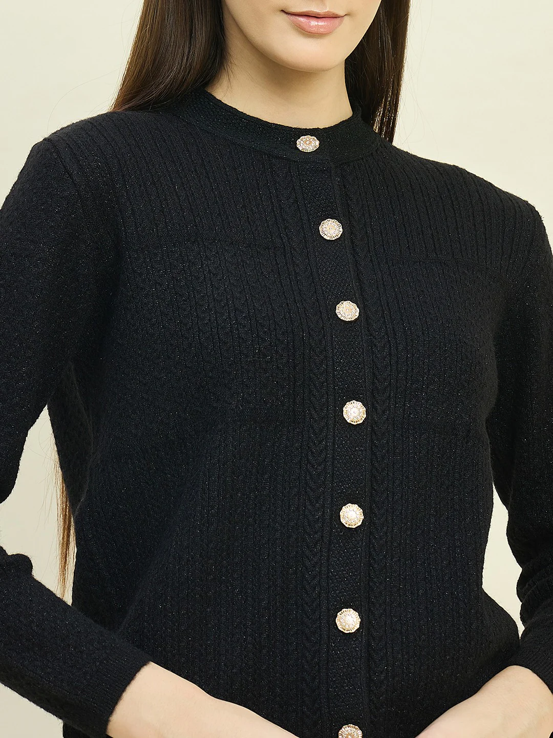 Madame Round Neck Black Knit Cardigan - Image 7