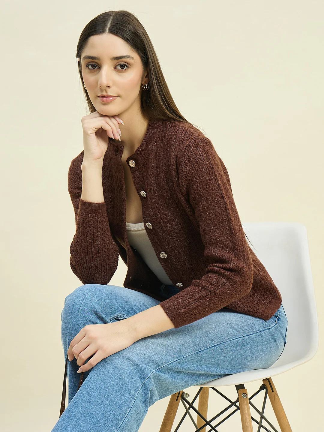 Madame Round Neck Brown Buttoned Cardigan - Image 2