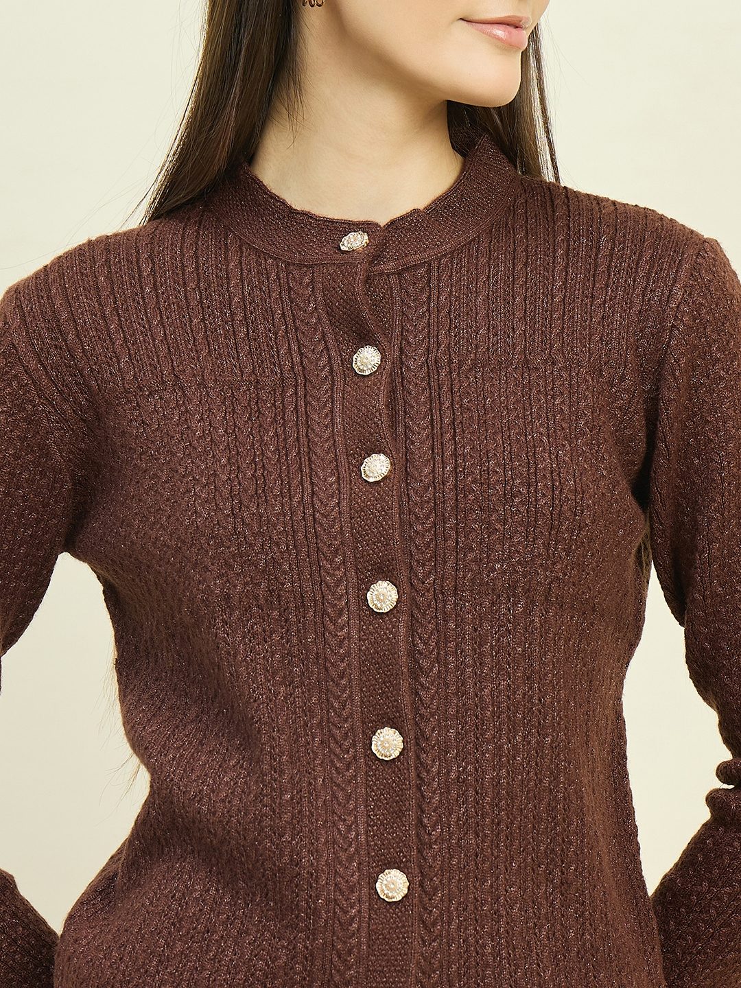 Madame Round Neck Brown Buttoned Cardigan - Image 7