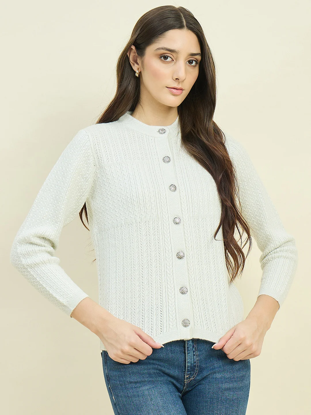 Madame Off White Round Neck Cardigan with Buttons