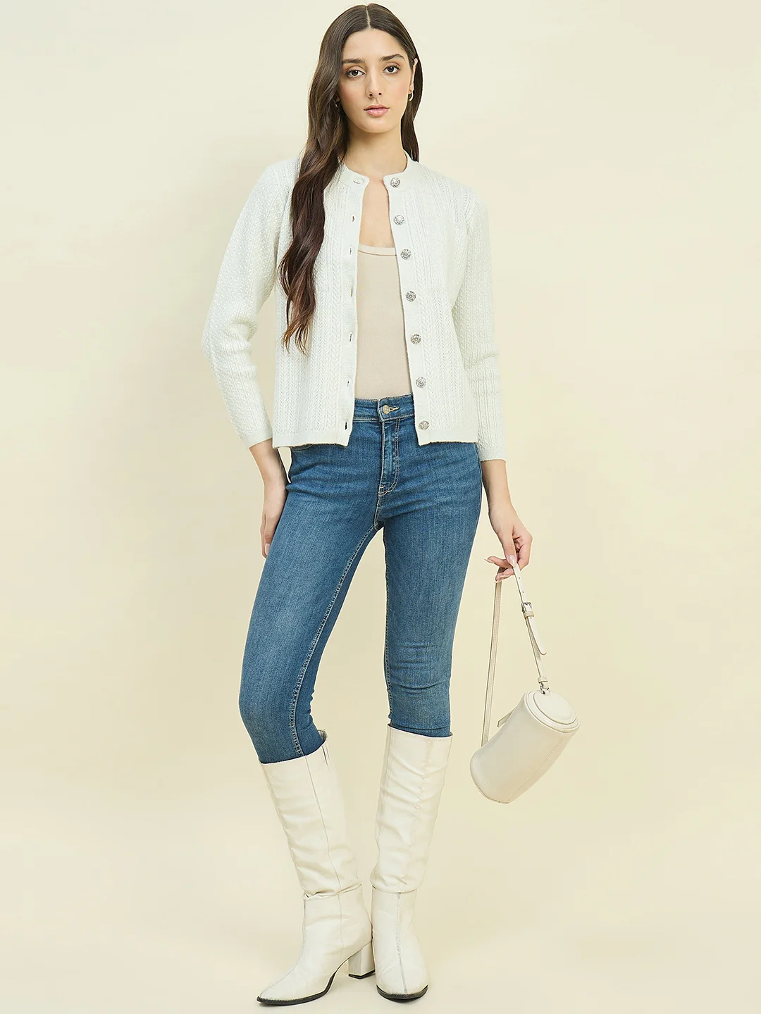 Madame Off White Round Neck Cardigan with Buttons - Image 2