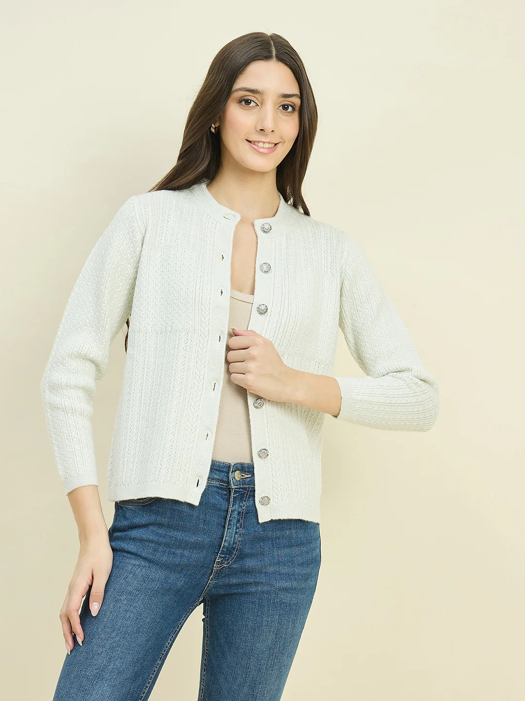 Madame Off White Round Neck Cardigan with Buttons - Image 3