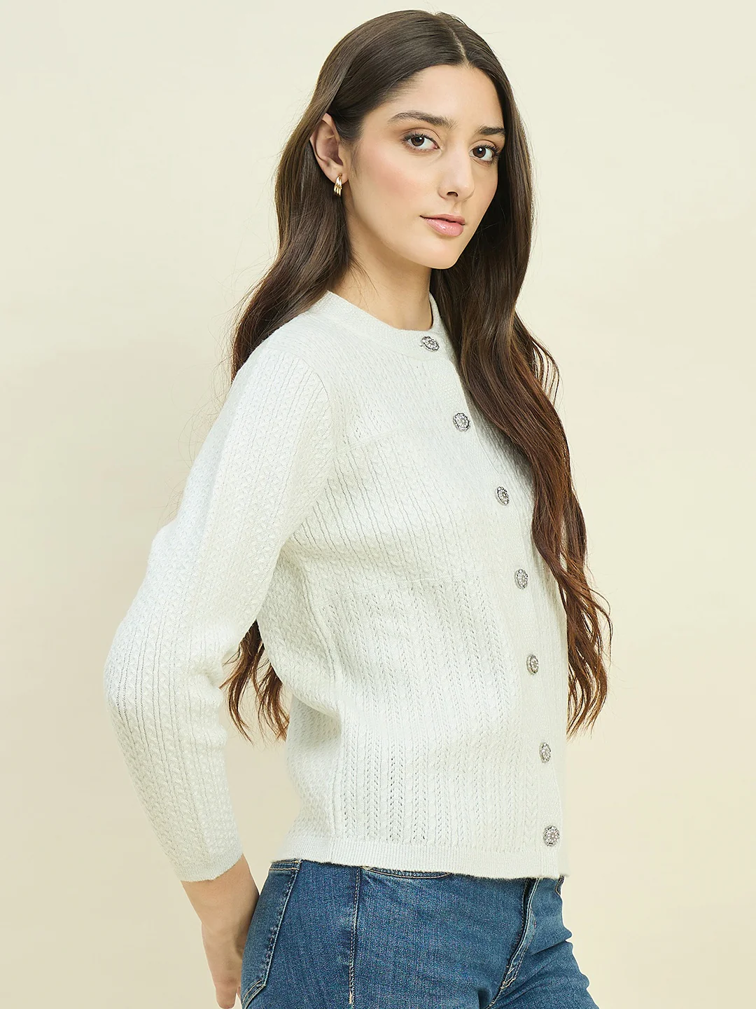 Madame Off White Round Neck Cardigan with Buttons - Image 4