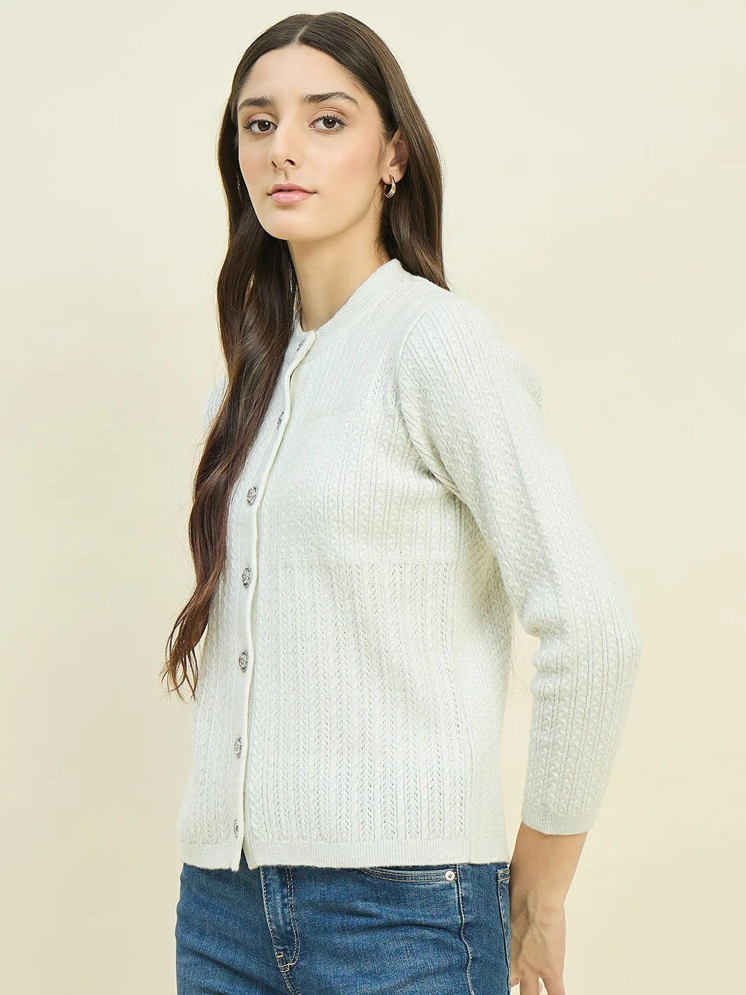 Madame Off White Round Neck Cardigan with Buttons - Image 5