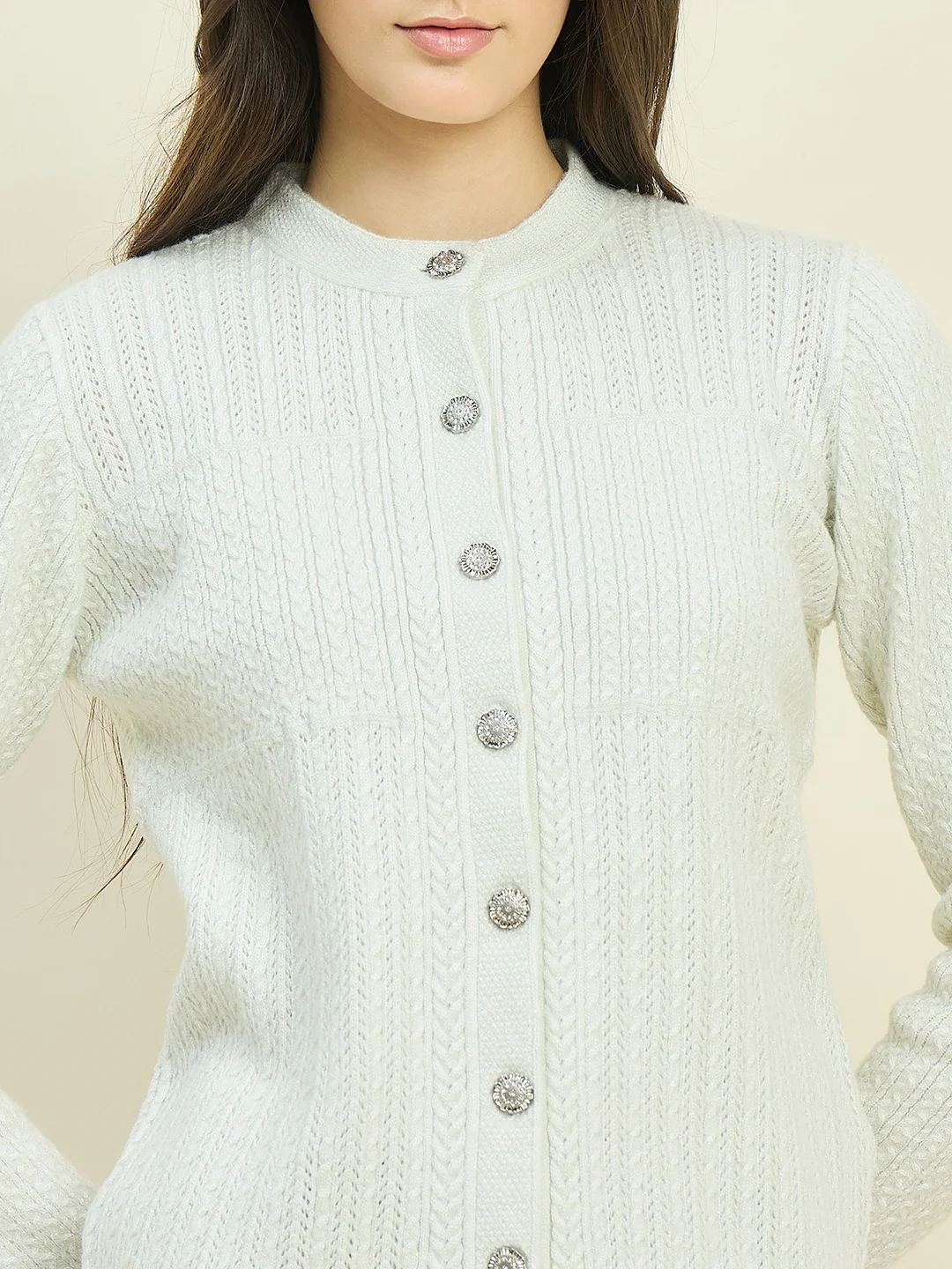 Madame Off White Round Neck Cardigan with Buttons - Image 7