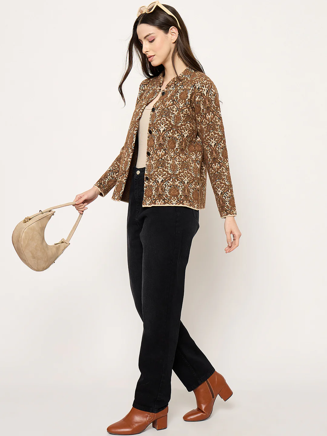Madame Printed Brown Cardigan with Buttons - Image 3