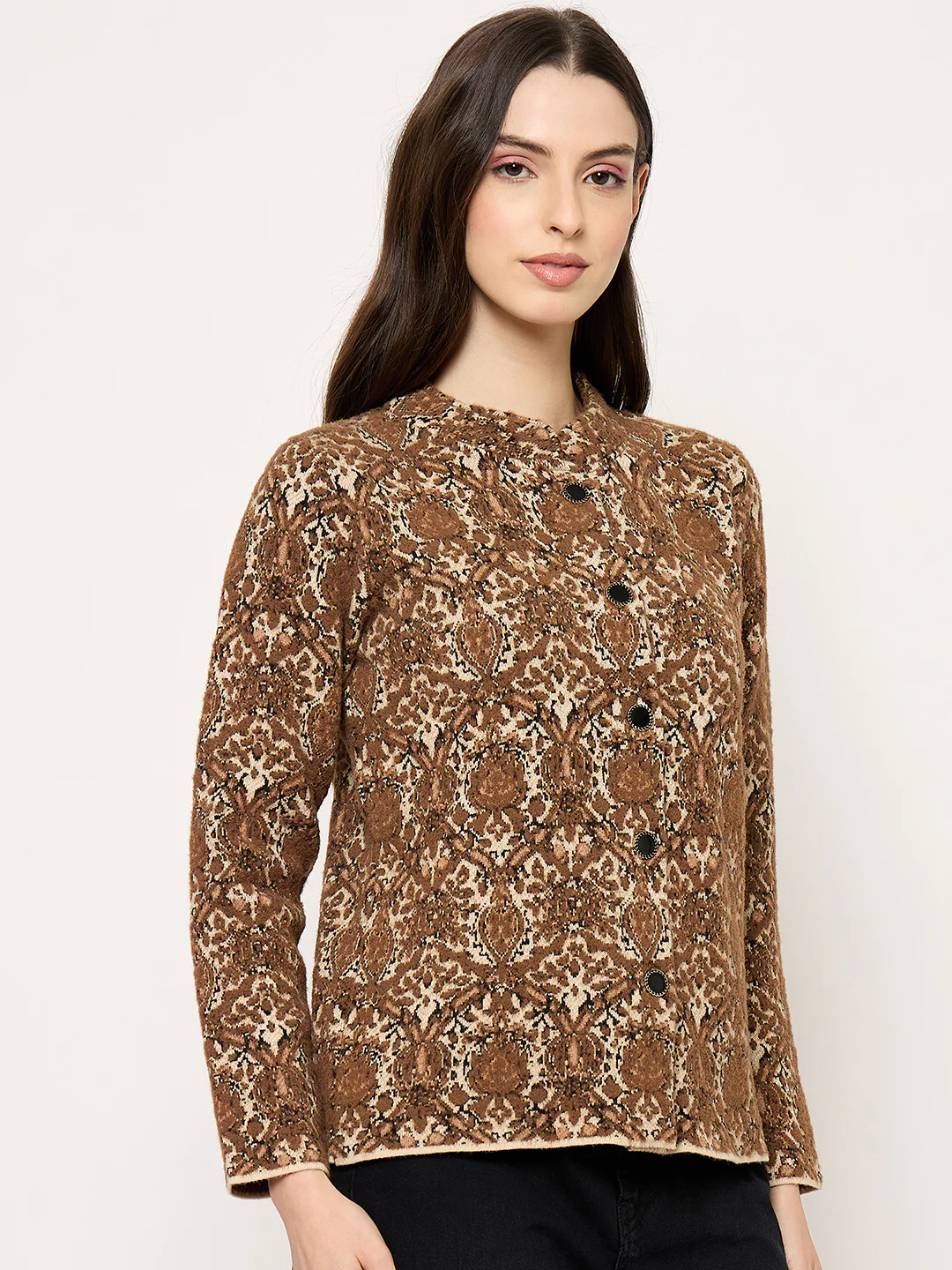 Madame Printed Brown Cardigan with Buttons - Image 4