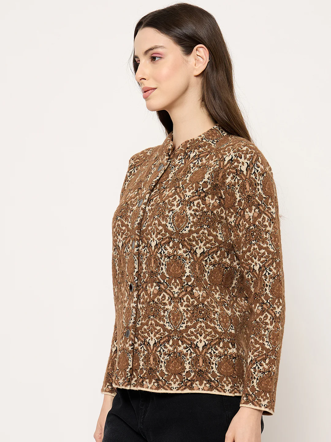 Madame Printed Brown Cardigan with Buttons - Image 5