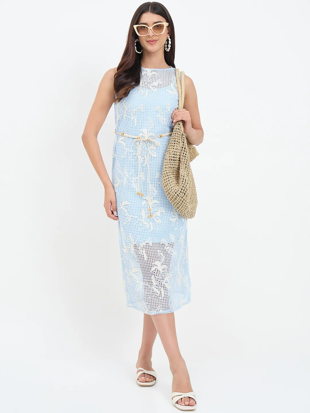 Madame Blue Floral Embroidery Crochet Dress - Image 3