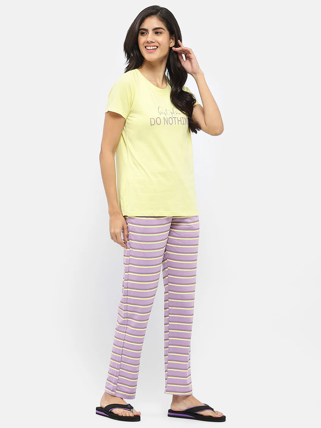 Msecret Typography T-Shirt With Striped Pajama Lime Green Nightsuit - Image 3