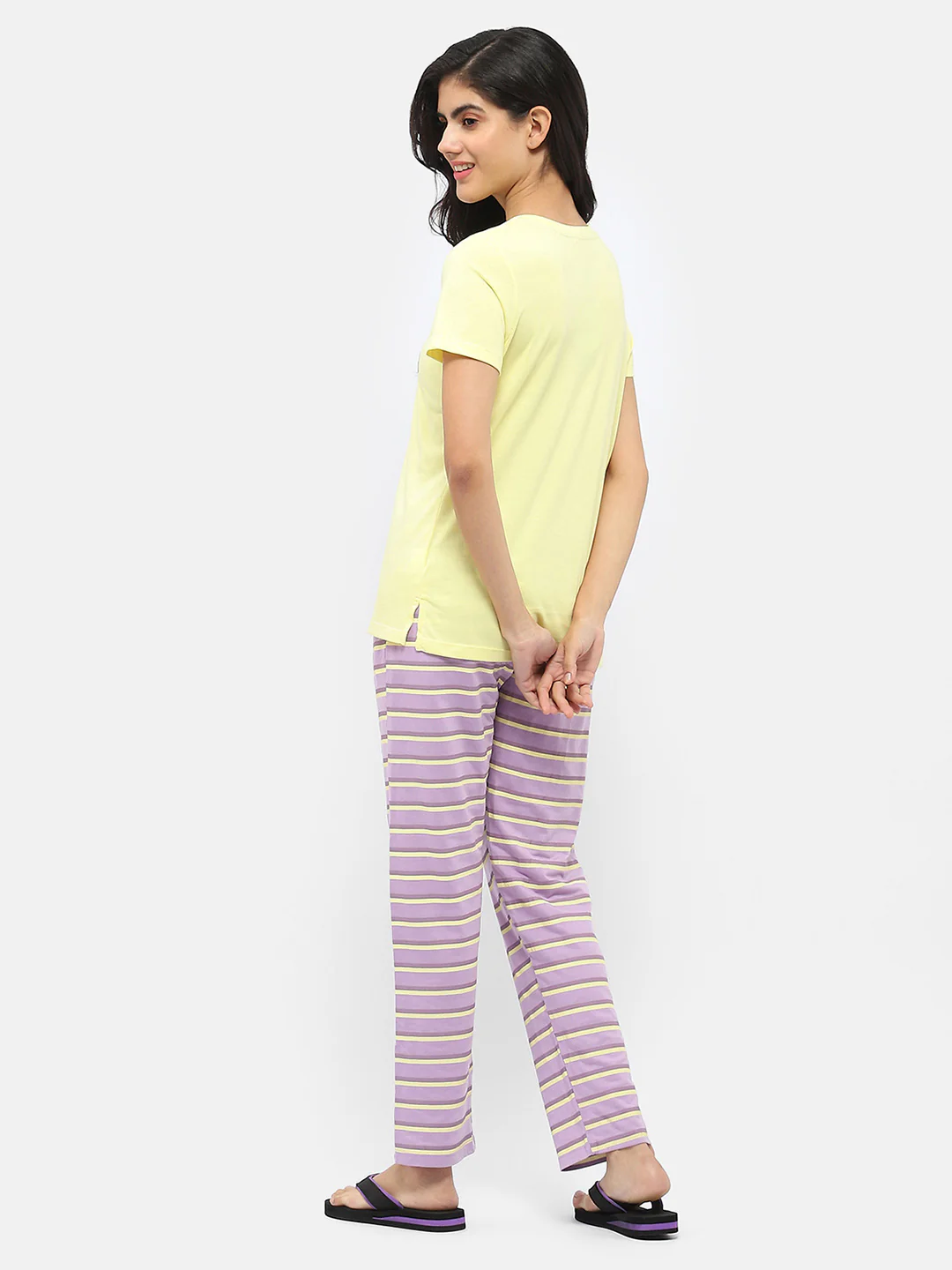 Msecret Typography T-Shirt With Striped Pajama Lime Green Nightsuit - Image 5