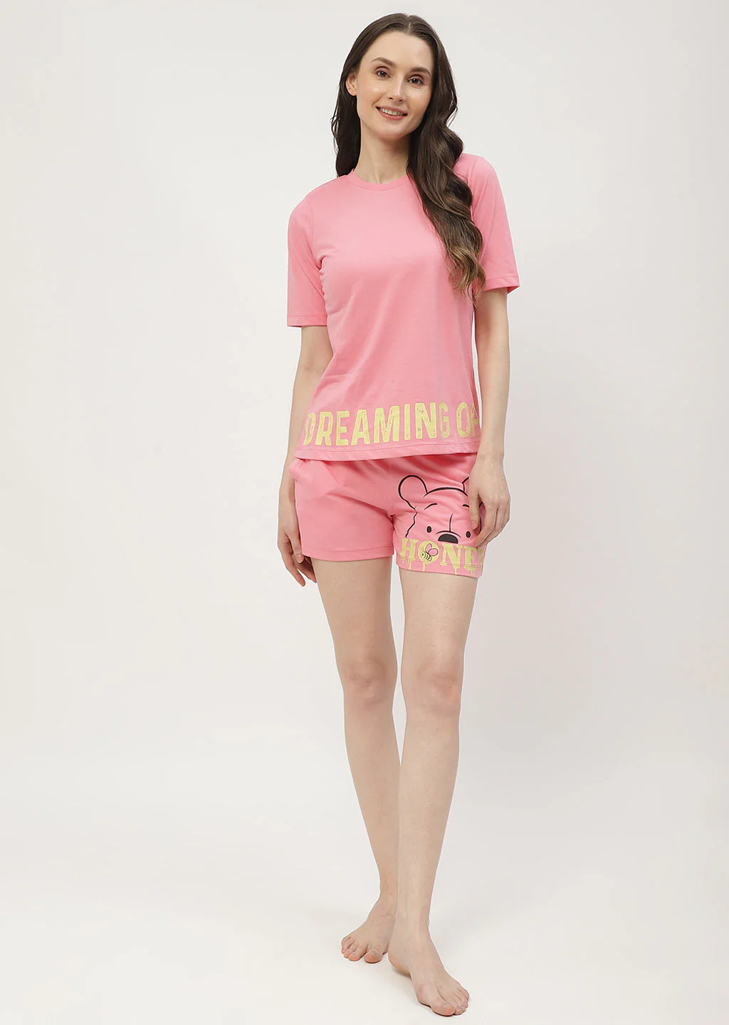 mSECRET Disney Pooh Printed T-shirt with Shorts Pink Nightsuit - Image 2