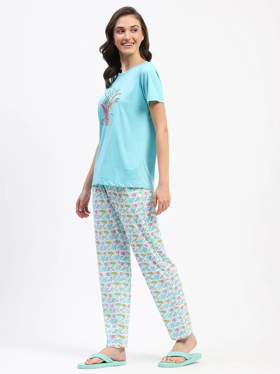mSECRET Blue Cotton T-Shirt and Floral Print Pyjama Nightsuit - Image 5