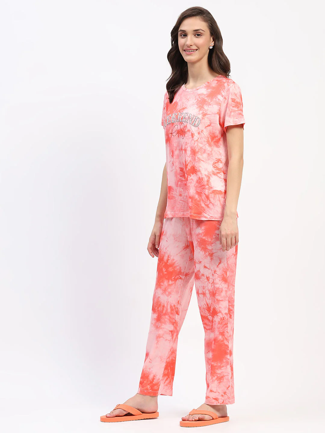 mSECRET Tie Dye Coral Typography Print Two Piece Night Suit - Image 4