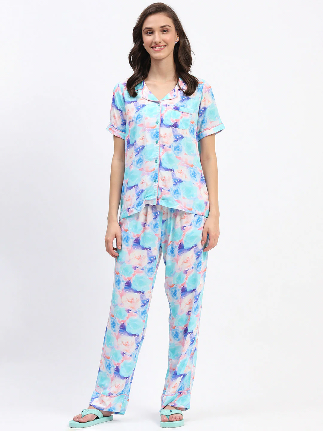 mSECRET Tie Dye Print Notch Lapel Neck Coral Two Piece Night Suit - Image 2