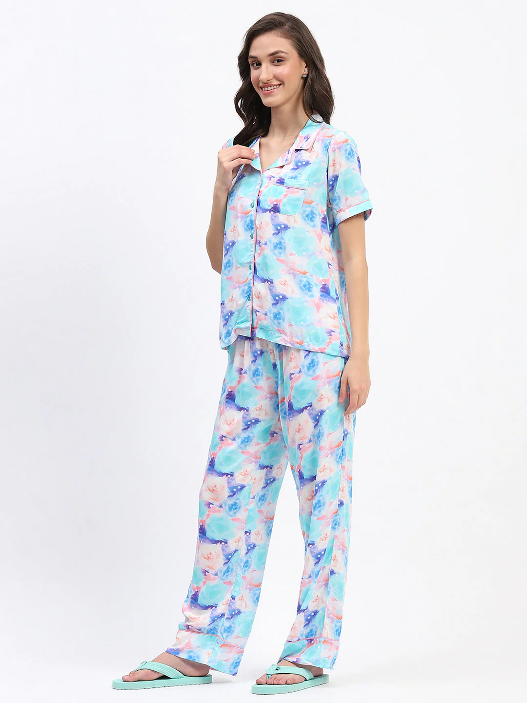 mSECRET Tie Dye Print Notch Lapel Neck Coral Two Piece Night Suit - Image 4