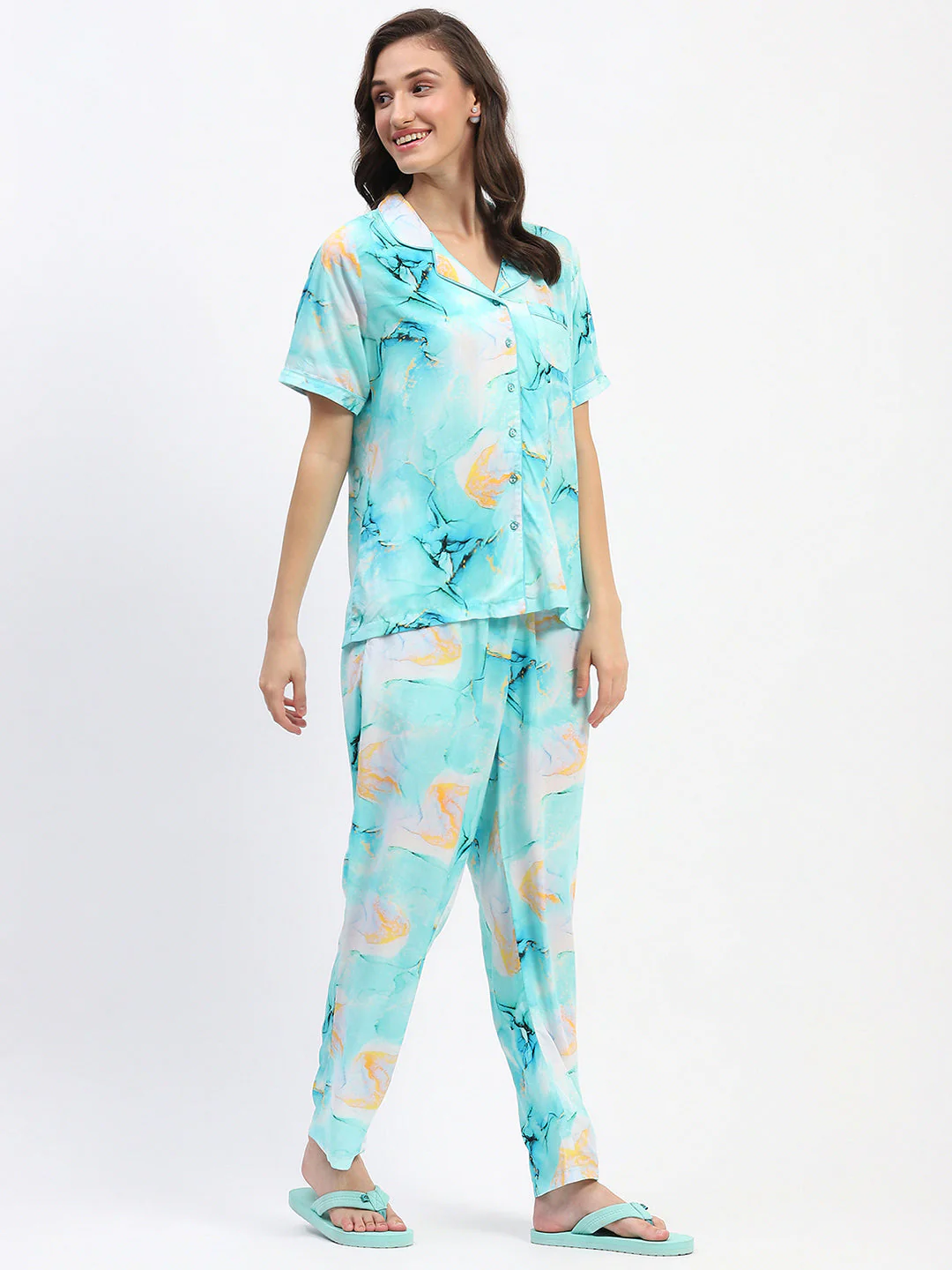 mSECRET Marble Print Button Down Aqua Night Suit - Image 4